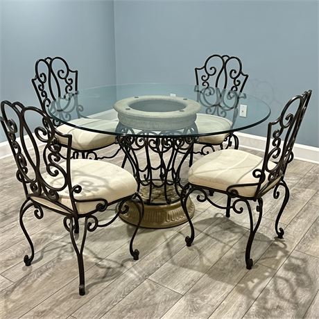 Bombay Wrought Iron Glass Top Dining Table w/ 4 Upholstered Chairs