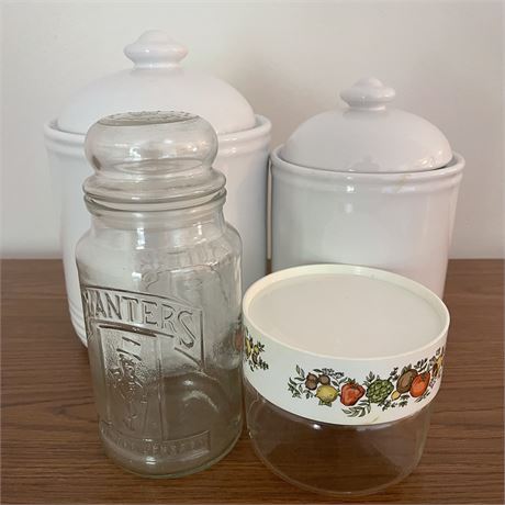 Kitchen Lidded Canisters - White Cookie Jars, Planters Peanut Jar & Pyrex Dish