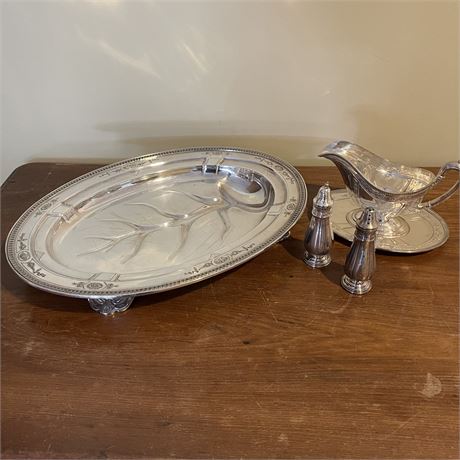 Reed & Barton Serving Platter with Gravy Boat/Drip Tray and S/P Shakers