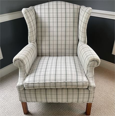 Plaid Upholstered Wing-Back Arm Chair