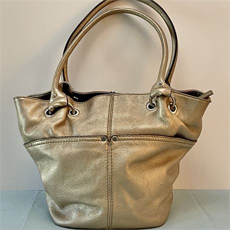 Tignanello Leather Metallic Champagne Hobo Shoulder Bag