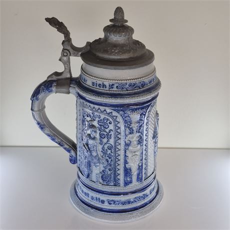 Lg Salt-Glazed German Beer Stein w/Pewter Lid