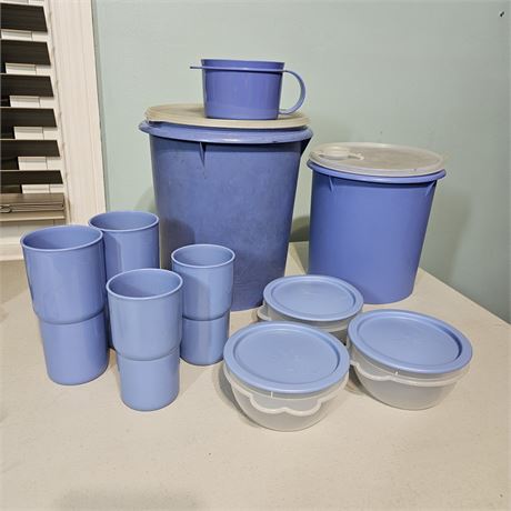 Blue Tupperware Lot- 2 Lg.Canisters, Cups & One-Touch Containers
