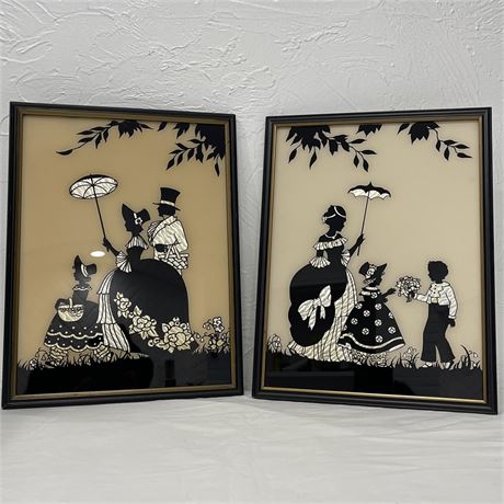 Pair of Reverse Painting Glass Silhouette Wall Hangings