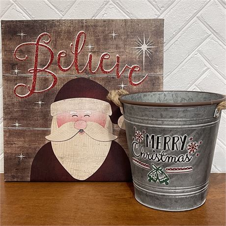 Christmas Lighted Wood-Look Wrapped Board & Galvanized Bucket