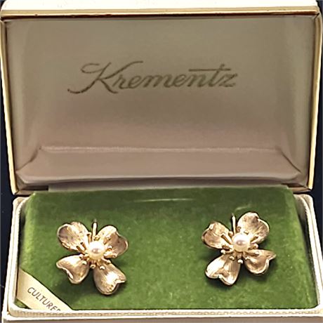 Krementz Pearl Cornus Flower 14K GF Earrings in Original Box
