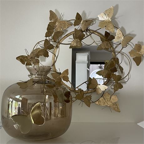 Metal Butterfly Framed Wall Mirror & Smoky Glass Vase w/ Metal Butterfly Accent