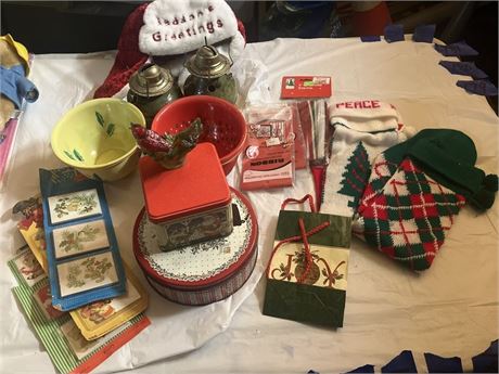 assortment of Christmas decorations (15) and stack of (15) Plastic holiday bowls