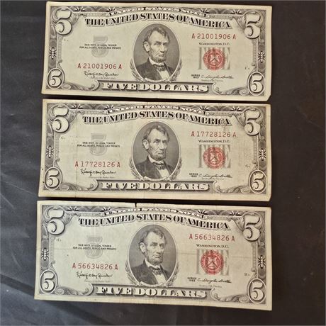 (3) 1963 Red Stamp $5 Dollar State Note