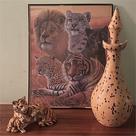 Safari Print by Michael Matherly w/ Tiger Family Statue and Painted Decanter
