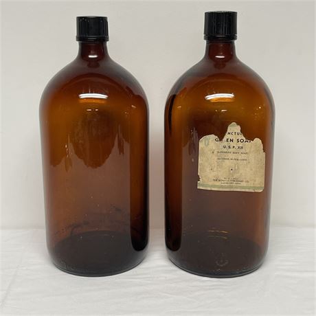 Pair of Vintage Large 13" Amber Glass Bottles with lids