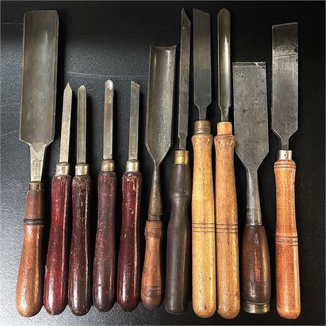 Set of 11 Vintage Wood Handled Chisels - Craftsman and Others