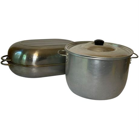 Vtg Stainless Steel Roasting Pan w/ Domed Lid & Wear-Ever Aluminum Stock Pot