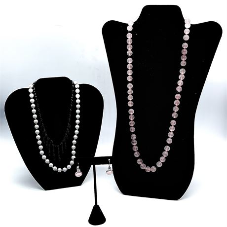 Necklace Trio with Earrings - Light Pink, White, and Black Toned Jewelry