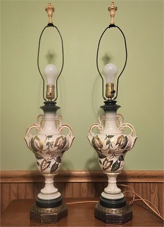 Leviton Gold & Green Leaf Ceramic w/Brass Bottom Vintage 1950's Lamps~ Set of 2