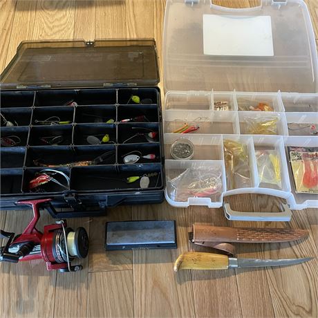Plastic Plano Fishing Divider Boxes w/ Filet Knife, Sharpening Stone and More