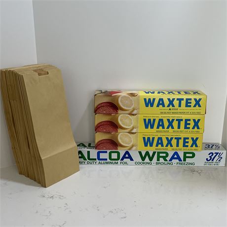 NIB WaxTex Waxed Paper, Alcoa Wrap Heavy Duty Aluminum Foil & Lined Paper Bags