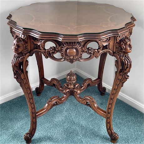 Antique Hand Carved Wood Accent Table with Fitted Glass Protective Top