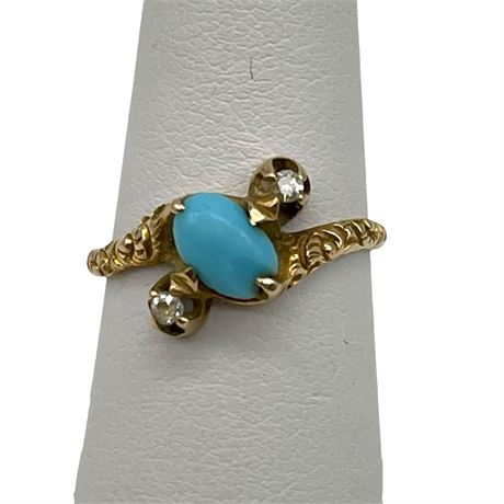 14K Gold Ring w/ Blue Turquoise Cabochon Stone and Small Accent Diamonds