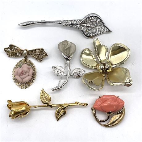 Bundle of Silver and Gold Toned Flower Brooches (6)