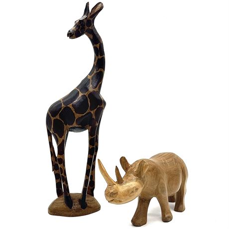 Hand Carved Wood Giraffe and Rhino Figurines