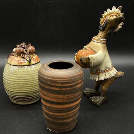 Autumn Toned Decor with Lidded Jar, Vase, & Duck Figurine
