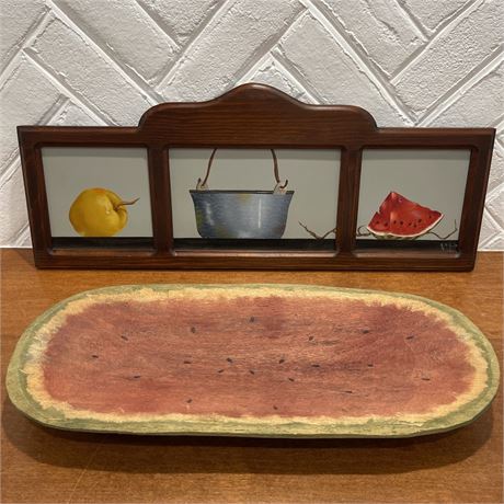 Signed & Framed Kitchen Wall Hanging with Wooden Watermelon Fruit Bowl