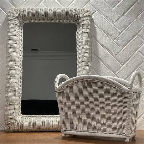 White Wicker Framed Mirror with Coordinated Basket