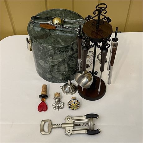 NIB Rosewood/Stainless Steel 7pc Bar Set w/ Kraftware Ice Bucket & Other Barware