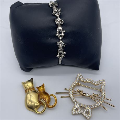 Vtg Rhinestone Accented Cat Brooches & Puppy Charm Link Bracelet