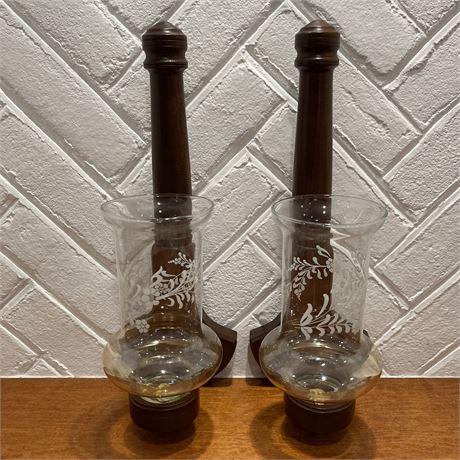 Wooden Wall Sconce Candle Stick with Etched Hurricane Glass Shades