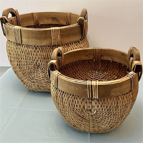 Vtg Oriental Woven Willow & Wood Gathering Baskets