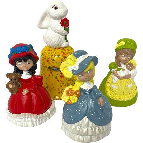 1979 Hand-Painted Pottery Bells & Bunny Bell Shaped Music Box