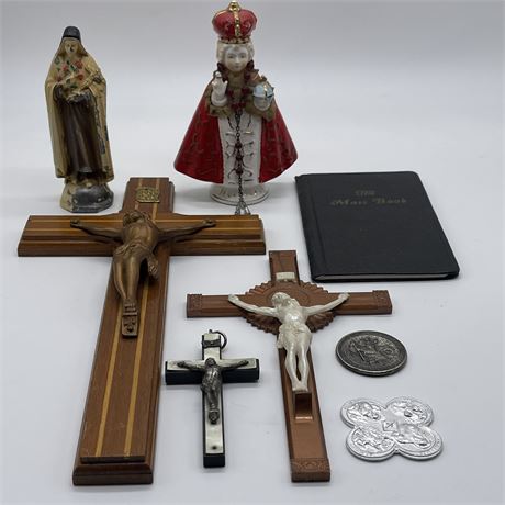 Old Religious Figurines, Crucifixes, Mass Book and More