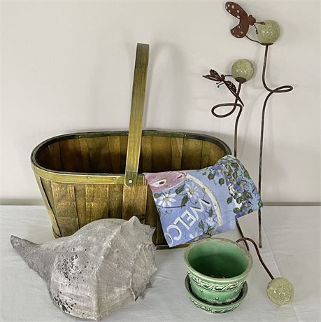 Primitive Handled Wood Slat Produce Basket, McCoy Planter, Garden Stakes & More