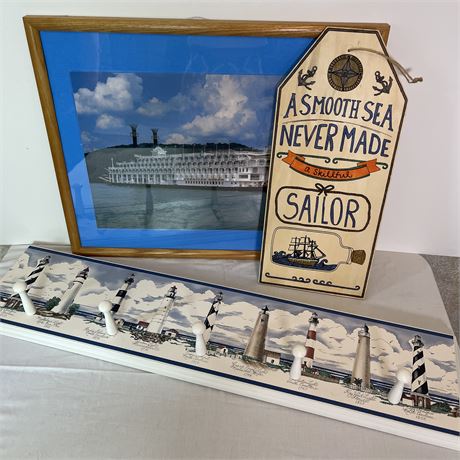 Nautical Coat Hanger, Framed Photograph, and Hand-Painted Wood Wall Hanging