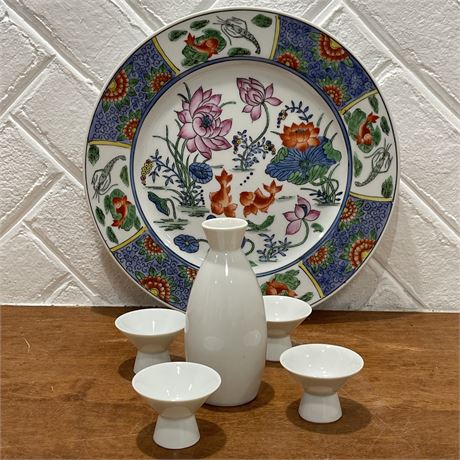 Vtg Hand Painted Macau Plate with Porcelain Sake Set