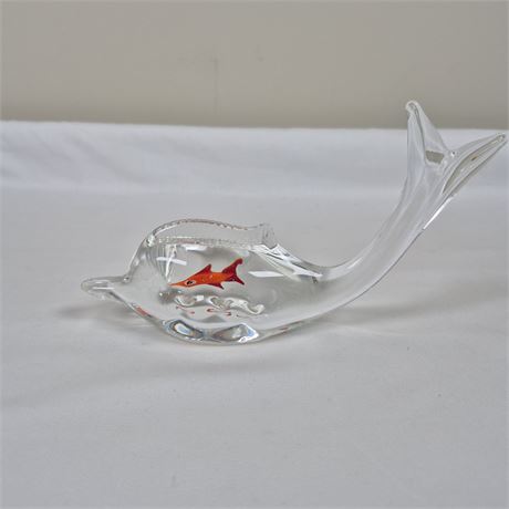 Vtg Murano-Style Art Glass Dolphin w/ Encased Fish
