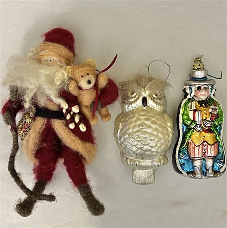 Glass Blown Owl, Herr Drosselmeyer from "The Nutcracker" & Wool Santa Ornaments