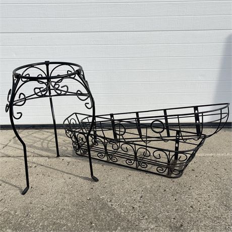 Wrought Iron Plant Stand w/ Two Wall Planters