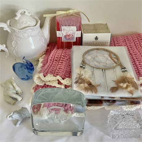 Coordinated Decorative Lot w/ Crocheted Blanket, Teapot Music Box & More
