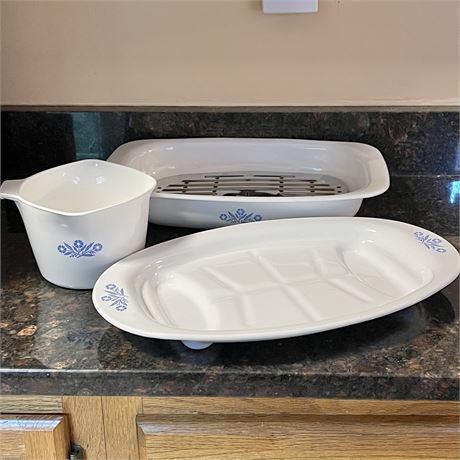 Blue Cornflower Corning Ware Roaster, Saucemaker and Platter