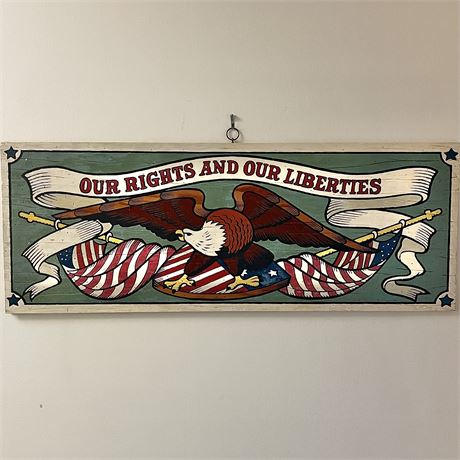 1973 Wood Painted Bald Eagle on American Flags Patriotic Wall Hanging
