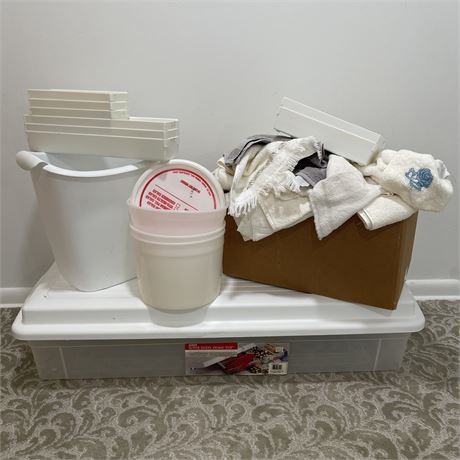 Super-Sized Storage Container with Organizing Bins, Trash Bin & Box of Rags