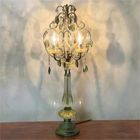 Vintage Green Glass and Green Cut Crystal Chandelier Table Lamp