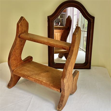 Vtg Wood Framed Wall Mirror & Step Stool