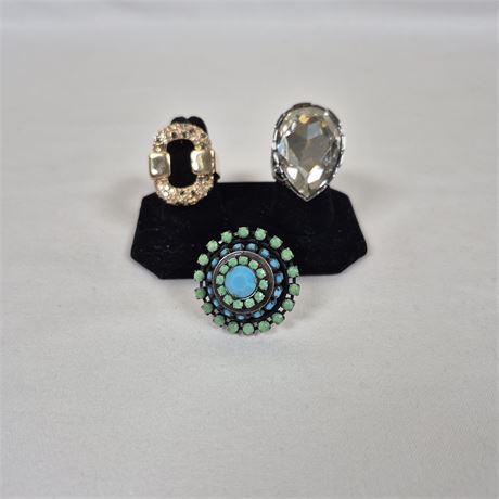 Designer Statement Ring Trio - St. John Crystal Cocktail Rings & Konplott Beaded