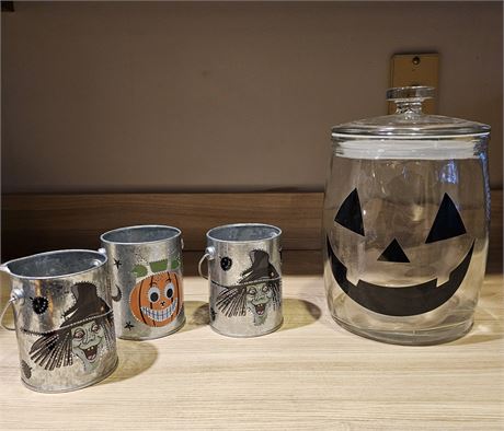 Halloween glass candy jar and decorative metal buckets