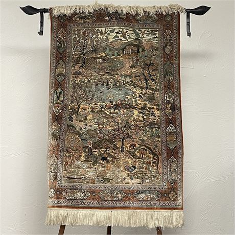 Chinese Pure Silk Pictorial Rug Tapestry w/ Leaf Motif Rod