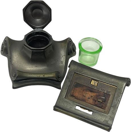 Antique Uranium Glass & Metal Scroll Inkwell w/ Perpetual Desk-Top Calendar